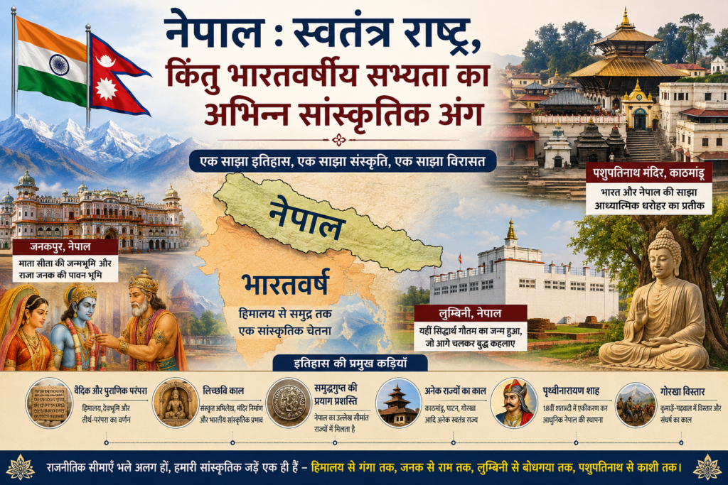 नेपाल और भारतवर्षीय सभ्यता के सांस्कृतिक संबंध दर्शाता चित्र, जिसमें पशुपतिनाथ मंदिर, जनकपुर, लुम्बिनी, बुद्ध, सीता-राम और नेपाल का मानचित्र प्रदर्शित है।